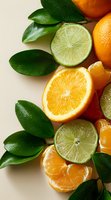 Fresh citrus fruits arrangement with sliced orange, lime, tangerine segments and green leaves on beige background. Healthy vitamin C food concept.