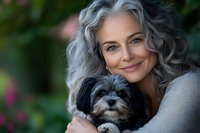 Mature woman with silver gray hair embracing small black puppy dog outdoors in garden setting. Pet ownership and companionship lifestyle concept.
