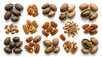 Assorted nuts collection including almonds, pecans, walnuts, and pistachios isolated on white background, suitable for food packaging, recipe blogs, and nutritional content.