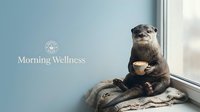 Cute otter sitting by a window holding a coffee cup on a cozy blanket with Morning Wellness text and logo on blue background.