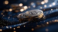 Golden cryptocurrency coin on dark glittering surface with bokeh lights and sparkles creating magical atmosphere for financial technology concept.