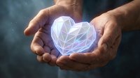 Hands protecting glowing polygonal heart symbol representing love, care, healthcare, charity, protection, compassion and emotional support concept.
