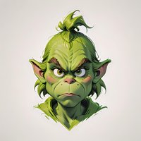 Grumpy green creature with pointed ears and furrowed brow showing angry expression against light background. Character design for fantasy art and animation.