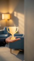 Hand holding glowing trophy cup in modern office with warm lighting, symbolizing achievement, success, and business accomplishment for corporate recognition.