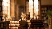 Adorable tabby cat resting on stack of vintage books in cozy library setting with warm lighting and blurred bookshelves creating scholarly atmosphere.