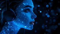 Young woman in profile wearing headphones illuminated by glowing blue neon lights and sparkles against dark background, creating futuristic cosmic effect.