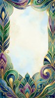 Ornamental art deco frame with gold leaf accents, peacock feathers, and jewel tones of purple, blue, and green on cream background. Isolated design element ready for invitations, cards, and digital projects.
