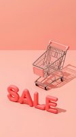 Mini shopping cart with bold sale text on a pink pastel background, evoking retail, discount, and e-commerce concepts for promotional designs.