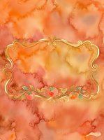 Ornate golden frame with peach and apricot botanical flourishes on warm watercolor wash background. Vintage decorative border with fruit and leaf details for invitations, greeting cards, and design projects.