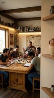 Diverse group of young adults playing board games at wooden table in cozy rustic home interior with exposed beams and warm lighting for entertainment.