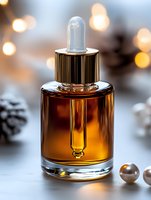 Amber glass dropper bottle with essential oil or serum against blurred bokeh lights and winter decorations. Luxury skincare product photography.