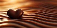Dark chocolate heart shape on smooth flowing waves of milk chocolate background with warm lighting and soft focus for romantic dessert concepts.