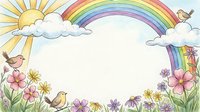 Watercolor frame with rainbow, sun, clouds, flowers and birds on white background. Spring garden border with colorful blooms and cheerful elements.