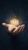 Open palm holding glowing golden human figures with luminous light effects against dark background. Represents teamwork, leadership, human resources, community support, and business growth for corporate and organizational concepts.