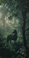 Dark horse standing in misty forest with dappled sunlight filtering through dense green foliage and trees, creating atmospheric woodland scene for nature and wildlife concepts.