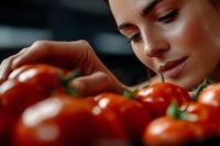 Young woman examining fresh red bell peppers in kitchen, healthy cooking and organic vegetable selection for meal preparation.