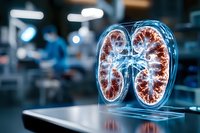 Futuristic holographic projection of human lungs glowing with blue light against dark background, showing detailed internal structure and medical visualization.