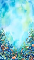 Watercolor underwater ocean scene with coral reef, tropical fish, seaweed and marine life on blue aquatic background for summer designs.