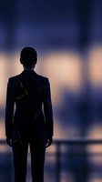 Silhouette of a woman in business attire standing against blurred urban background with golden light, representing leadership, resilience, and professional success in corporate environments.