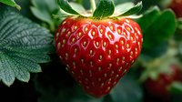 Fresh ripe red strawberry with green leaves growing in garden, macro close up view showing detailed texture and natural organic produce.