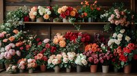 Colorful flower arrangements displayed on rustic wooden shelves in florist shop. Fresh roses, peonies and mixed blooms in terracotta pots for wedding decor.