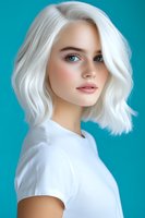 Young woman with platinum blonde wavy bob haircut and natural makeup wearing white t-shirt against turquoise background, side profile portrait.