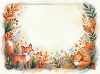 Watercolor autumn frame with cute foxes, fall leaves, berries, and botanical elements, copy space in center for text or design.