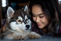 Young Asian woman cuddling with adorable Siberian Husky puppy in cozy indoor setting. Tender moment showing pet owner bonding with fluffy dog companion.