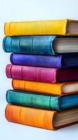 Stack of colorful hardcover books with vibrant yellow, blue, purple, pink, orange, and teal bindings against white background, perfect for education or reading concepts.