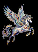 Ornate winged pegasus with intricate decorative patterns in blue, gold, and red tones, isolated on transparent background, ready for t-shirts, stickers, and print-on-demand designs.