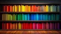 Rainbow colored books arranged by color spectrum on wooden bookshelf creating vibrant gradient display against dark background. Modern library interior design concept.