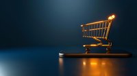 Golden miniature shopping cart on dark reflective surface with dramatic lighting and blue gradient background, symbolizing e-commerce and retail business.