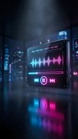 Futuristic digital music player with neon cyan and magenta waveform display, playback controls, and progress bar on glowing screen in dark cyberpunk cityscape setting for tech and entertainment design projects.