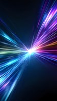 Vibrant light burst with colorful rays radiating from center point against dark background, featuring blue, purple and pink streaks of energy and sparkles.