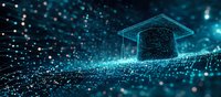 Digital graduation cap glowing on futuristic network grid with blue particles and light effects, symbolizing online education and e-learning technology.