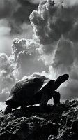 Dramatic black and white silhouette of tortoise on rocky surface against stormy cloudy sky creating powerful nature composition for wildlife photography.