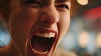Young woman screaming with intense emotion and open mouth showing teeth in dramatic lighting with blurred background bokeh lights.