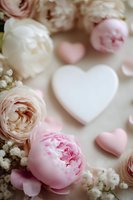 Romantic composition with delicate peonies, roses, baby's breath and heart-shaped decorations on neutral background, perfect for wedding invitations.