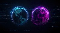 Futuristic digital twin Earth globes with neon blue and purple holographic wireframe design on dark technology background for sci-fi concepts.