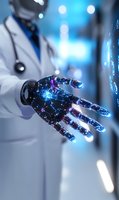 Medical professional with futuristic transparent robotic hand showing digital neural connections and glowing particles against blurred hospital background.