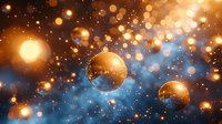 Golden Christmas ornaments floating in magical blue and gold bokeh light atmosphere with glowing particles and festive sparkle.