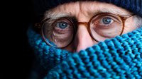 Close up portrait of senior man with glasses and blue knit beanie wearing cozy turquoise scarf wrapped around face, bright blue eyes looking directly at camera.