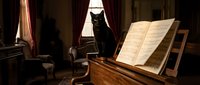 Vintage music room with open sheet music on wooden stand, black cat sitting on windowsill, leather chairs, and warm lighting for classical music, education, or period interior design projects.