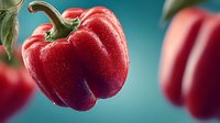 Fresh red bell peppers with water droplets on vibrant turquoise background for healthy cooking and nutrition concepts.