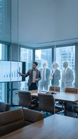 Business team meeting in modern office boardroom with diverse professionals analyzing financial data on presentation screen in corporate setting.