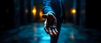 Male hand reaching out in dark urban environment with glowing street lights creating moody atmospheric scene. Dramatic lighting highlights palm against blurred night background.