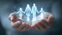Glowing holographic family silhouette floating above cupped hands against dark background, representing family protection, unity and care. Magical light effect.