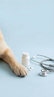 Dog paw with medication bottle and stethoscope on light blue surface. Veterinary care, pet health treatment, and animal medicine concept for healthcare design.