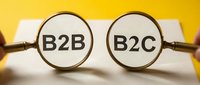 B2B and B2C business model comparison through magnifying glasses on yellow background for commerce strategy.