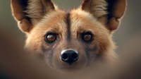 Close up portrait of red fox face with bright amber eyes and pointed ears against blurred natural background, showing alert and intelligent expression.